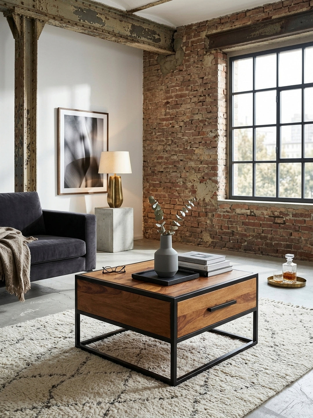 Aufsicht auf den 65x65cm großen Massivholz Couchtisch im modernen Wohnbereich. Die markante Maserung des Sheeshamholzes bildet einen starken Kontrast zum hellen Cremeteppich._
