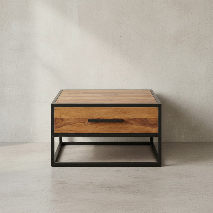 Industrie-Stil Couchtisch_ Metall und Holz_ Schublade_ 50 kg Belastbarkeit - KADIMA DESIGN_Größe_ 65x65x38 cm_