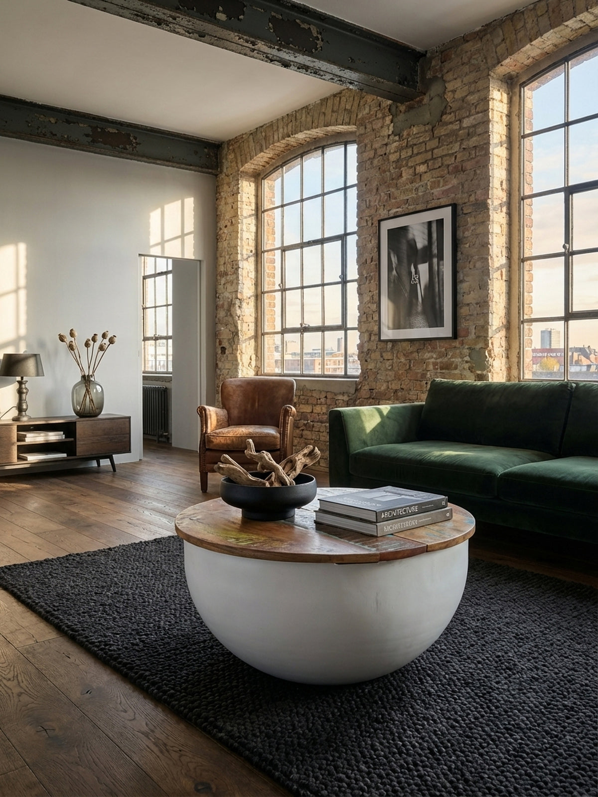Couchtisch aus massivem Mangoholz mit weißem Metallkorpus in einem modern eingerichteten Wohnzimmer, als zentraler Punkt vor einem grauen Sofa.