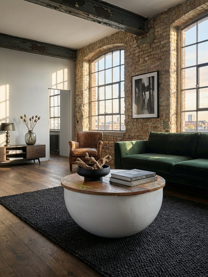 Couchtisch aus massivem Mangoholz mit weißem Metallkorpus in einem modern eingerichteten Wohnzimmer, als zentraler Punkt vor einem grauen Sofa._