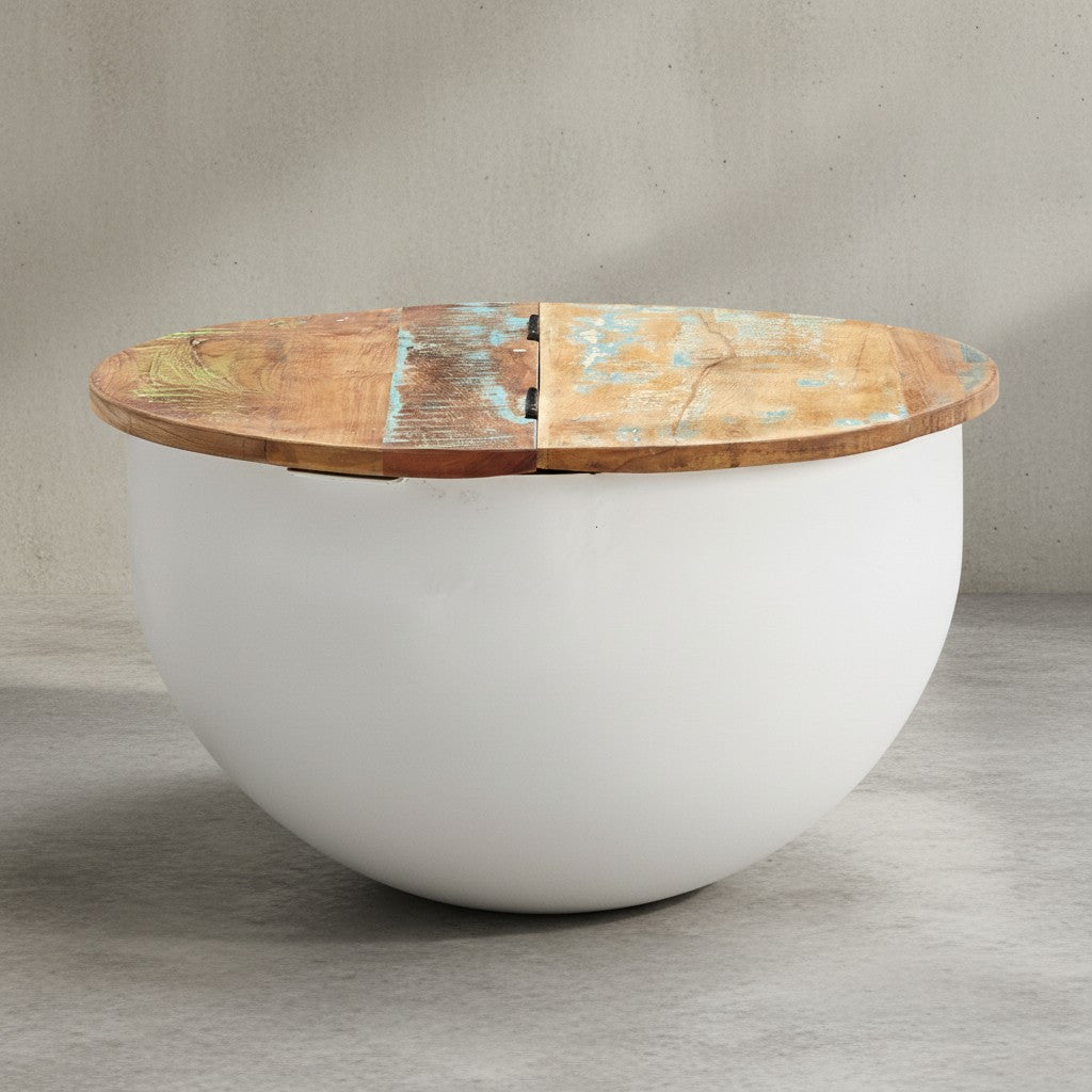 Industrie Stil Couchtisch SERCHIO_ Klappbare Tischplatte_ Aufbewahrung_ recyceltes Massivholz_ Metallkörper - KADIMA DESIGN_Farbe_ Weiß_ Größe_ 60x60x34 cm_