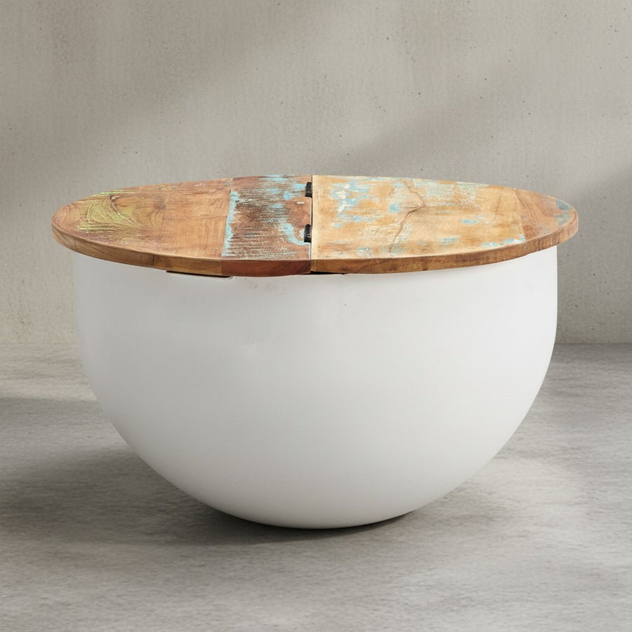 Industrie Stil Couchtisch SERCHIO_ Klappbare Tischplatte_ Aufbewahrung_ recyceltes Massivholz_ Metallkörper - KADIMA DESIGN_Farbe_ Weiß_ Größe_ 60x60x34 cm_