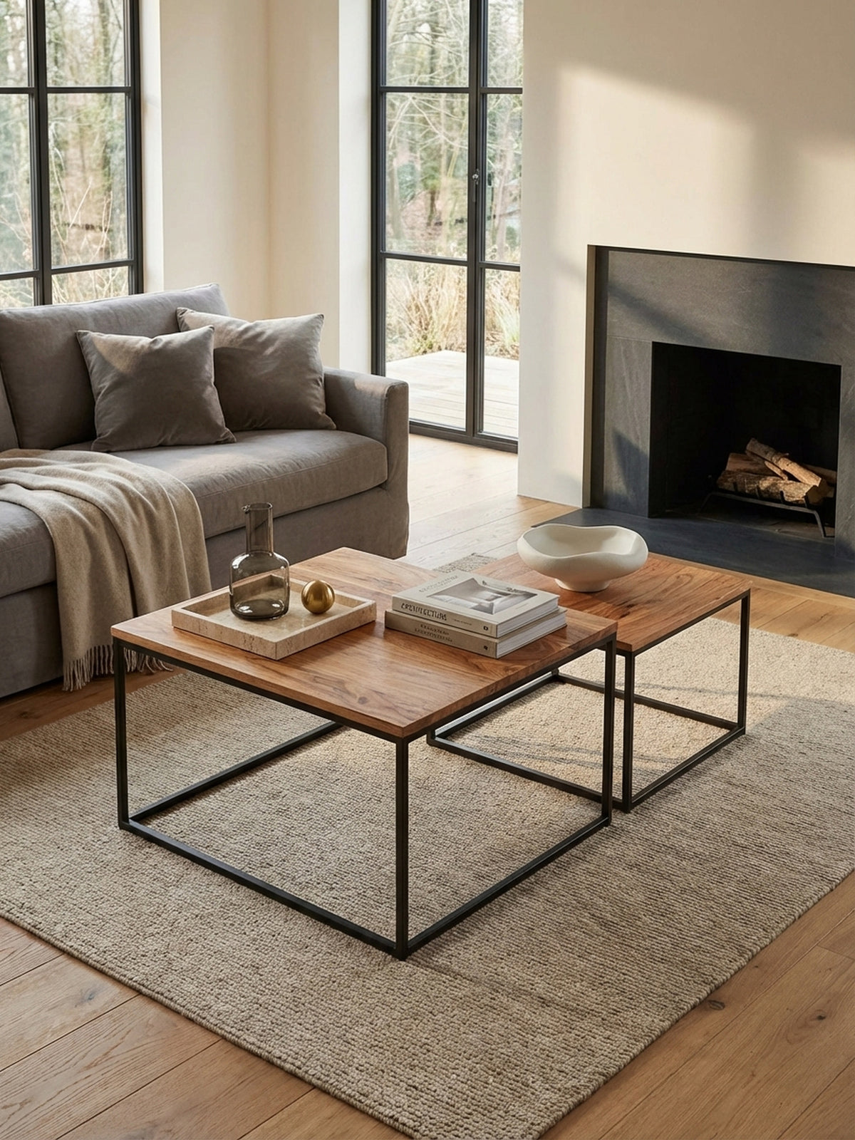 Couchtisch 2er Set von oben gezeigt, elegant arrangiert auf einem cremefarbenen Teppich vor einem Sofa, demonstriert die flexiblen Stellmöglichkeiten.
