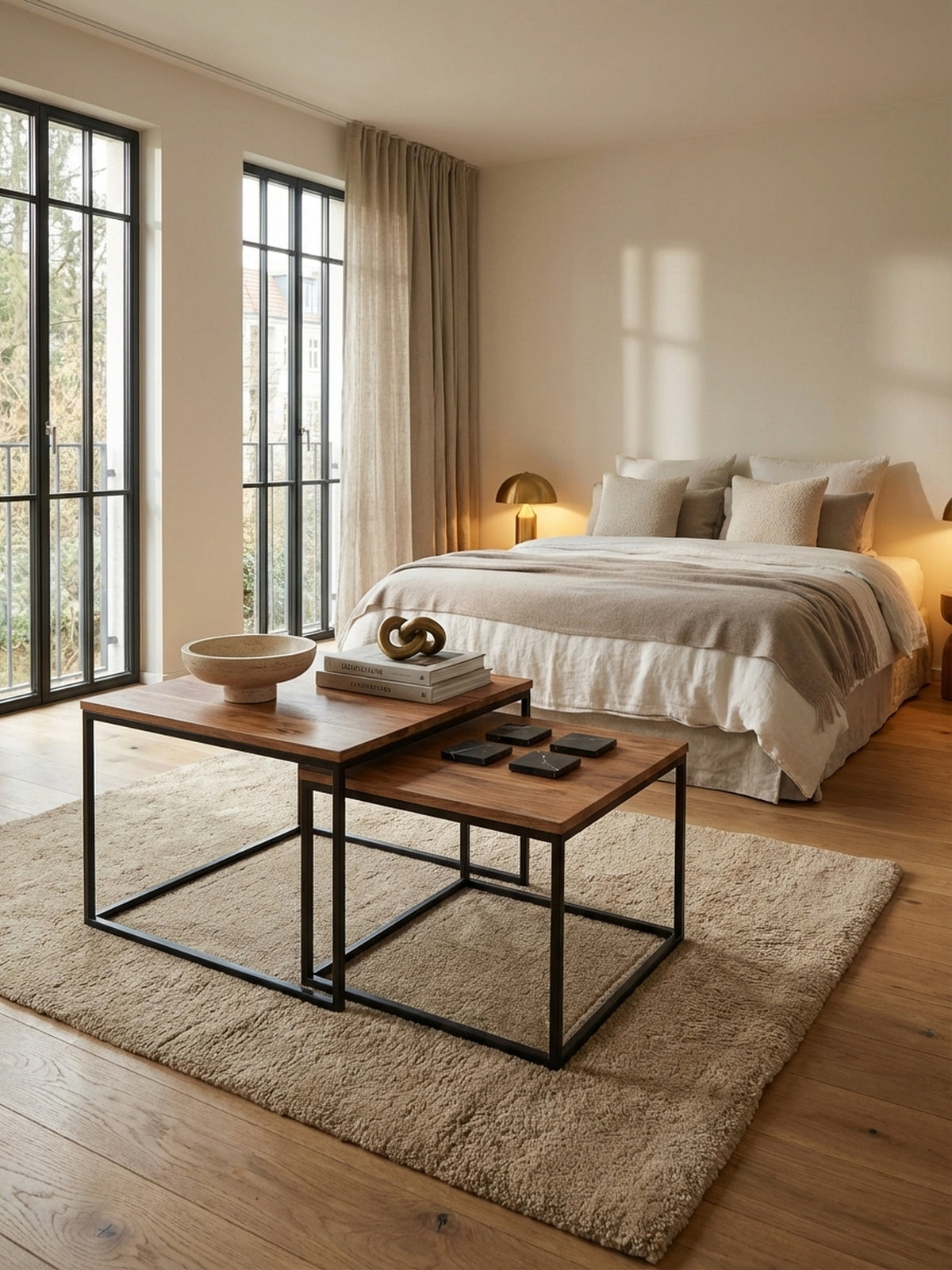 Industrial-Design Satztisch aus massivem Akazienholz in einem stilvollen Wohnzimmer, der eine warme und moderne Atmosphäre schafft.