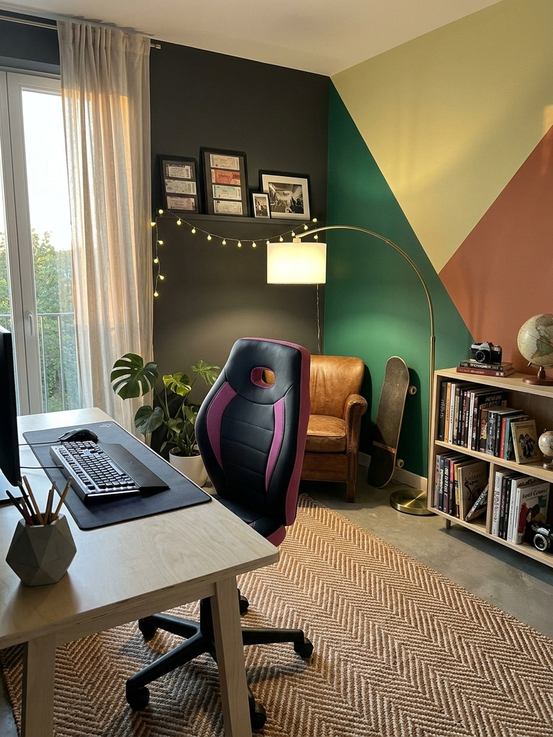 Schwarz-pinker Kinderbürostuhl am aufgeräumten PC-Setup im Teenagerzimmer, auf dem Tisch liegen Kopfhörer und Notizbücher bereit._