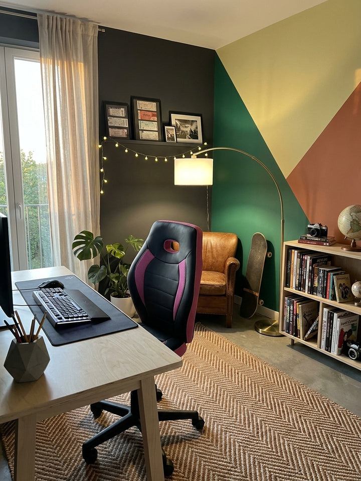 Schwarz-pinker Kinderbürostuhl am aufgeräumten PC-Setup im Teenagerzimmer, auf dem Tisch liegen Kopfhörer und Notizbücher bereit._
