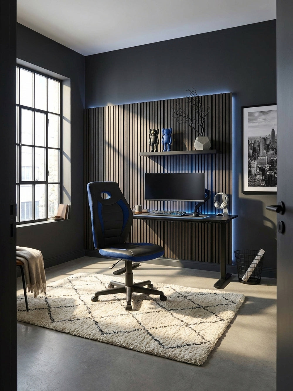Der schwarz-blaue Kinderschreibtischstuhl aus Kunstleder und Mesh steht einsatzbereit an einem mattschwarzen Metallschreibtisch im modernen Jugendzimmer mit Betonwänden._