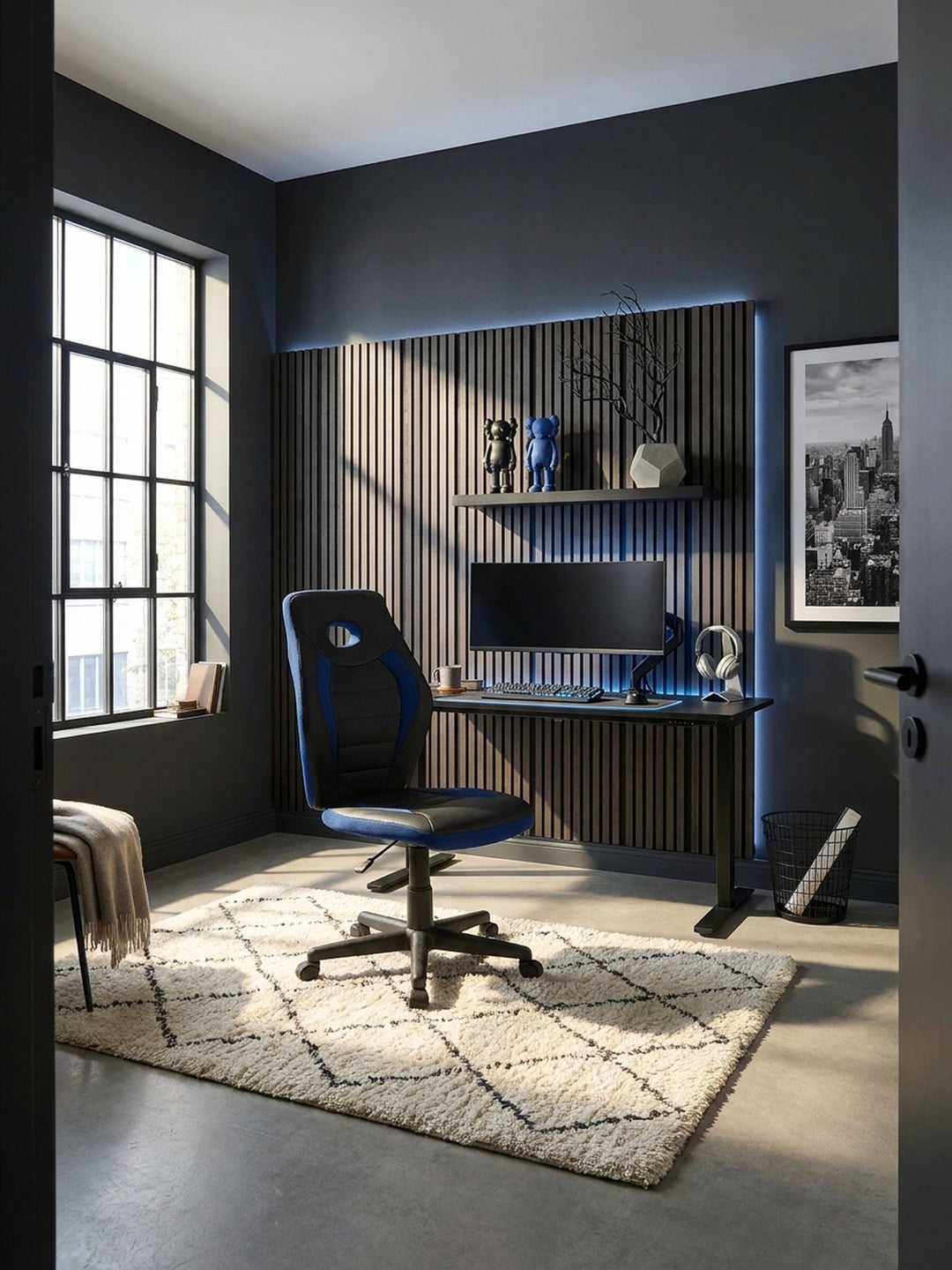 Der schwarz-blaue Kinderschreibtischstuhl aus Kunstleder und Mesh steht einsatzbereit an einem mattschwarzen Metallschreibtisch im modernen Jugendzimmer mit Betonwänden._