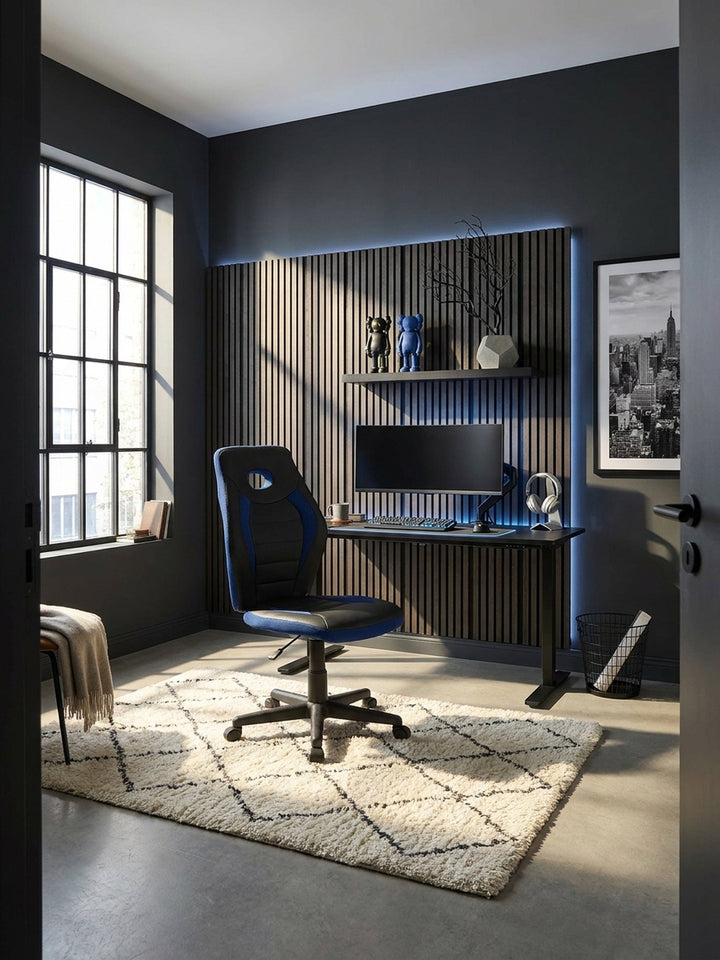 Der schwarz-blaue Kinderschreibtischstuhl aus Kunstleder und Mesh steht einsatzbereit an einem mattschwarzen Metallschreibtisch im modernen Jugendzimmer mit Betonwänden._