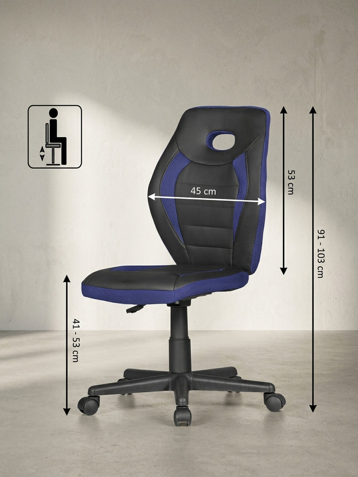 Die technische Skizze dokumentiert die genauen Abmessungen und ergonomischen Sitzhöhen für den verstellbaren Kinderschreibtischstuhl in Schwarz und Blau im Detail._