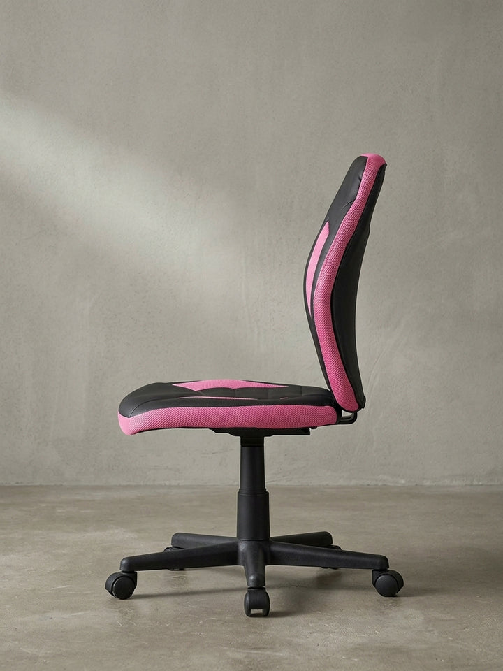 Rückansicht des stylischen Schreibtischstuhls im Racing-Design, welche die dynamische Linienführung und die markante Aussparung im Nackenbereich zeigt._