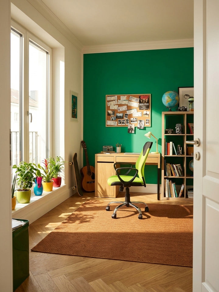 Ergonomischer Kinder-Schreibtischstuhl in leuchtendem Limettengrün und Schwarz an einem modernen Glastisch in einem architektonischen Home Office mit Sichtbetonwänden._