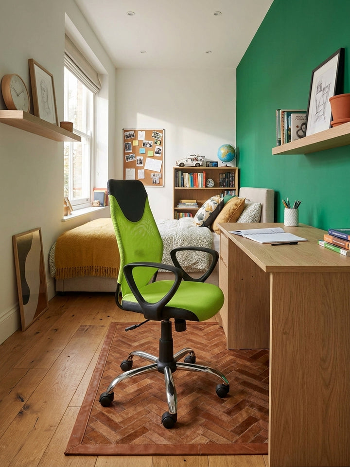 Ein moderner Jugendstuhl mit Armlehnen harmoniert perfekt mit einem minimalistischen Stahl-Sideboard und großen Stahlrahmenfenstern in einem industriellen Loft-Arbeitsbereich._