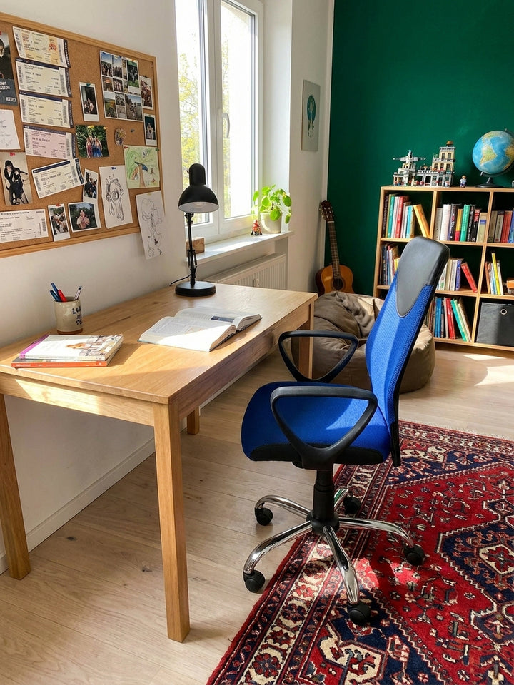Ergonomischer blauer Kinder-Bürostuhl neben einem minimalistischen Standregal aus Holz, integriert in ein anspruchsvoll eingerichtetes Arbeitszimmer für Teenager._