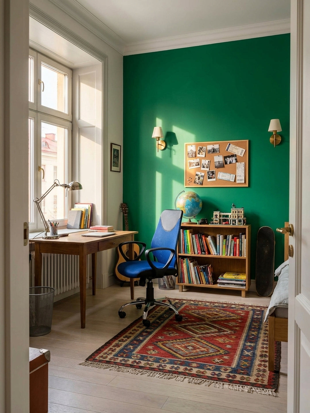 Moderner Kinder-Schreibtischstuhl in leuchtendem Blau und Schwarz mit atmungsaktiver Mesh-Lehne, platziert an einem hellen Eichenschreibtisch im stilvollen Jugendzimmer._