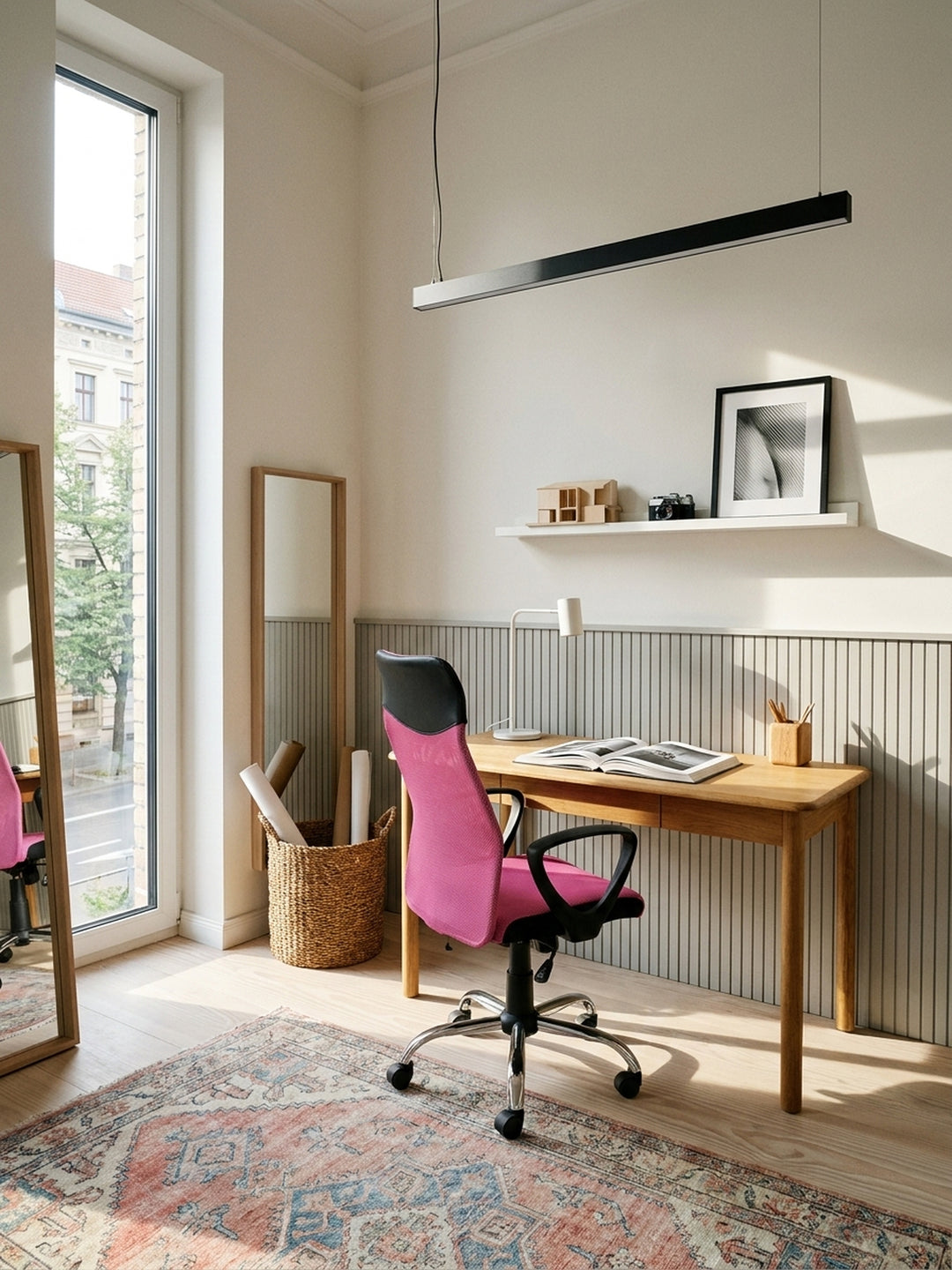 Kinder-Schreibtischstuhl in leuchtendem Pink und Schwarz an einem massiven Eichenholzschreibtisch in einem eleganten Jugendzimmer mit Fischgrätparkett._