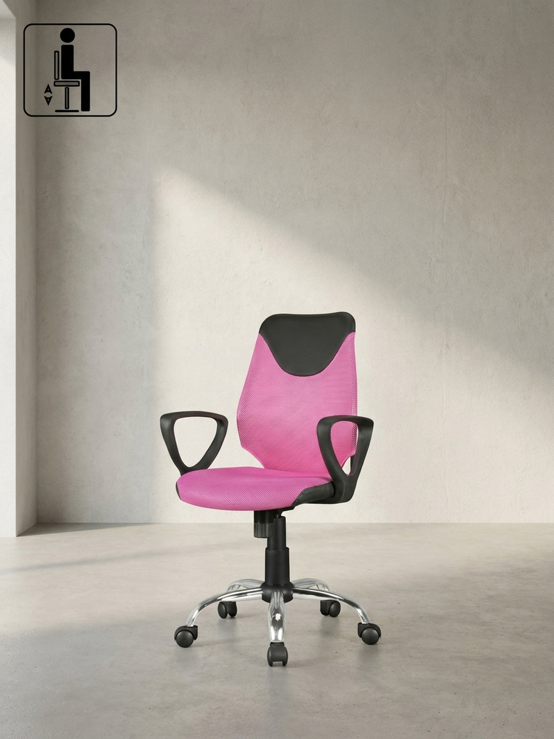 Maßzeichnung des Kinder-Schreibtischstuhls in Pink mit Symbolen zur stufenlosen Sitzhöhenverstellung und ergonomischen Anpassung._