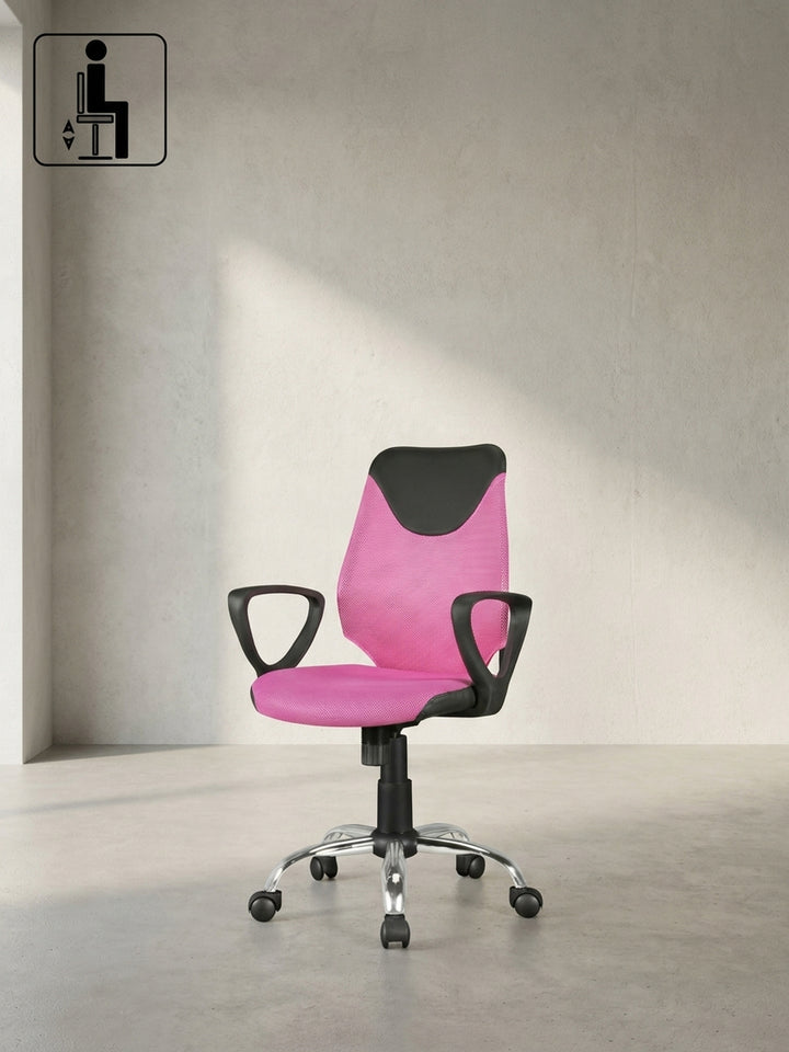 Maßzeichnung des Kinder-Schreibtischstuhls in Pink mit Symbolen zur stufenlosen Sitzhöhenverstellung und ergonomischen Anpassung._