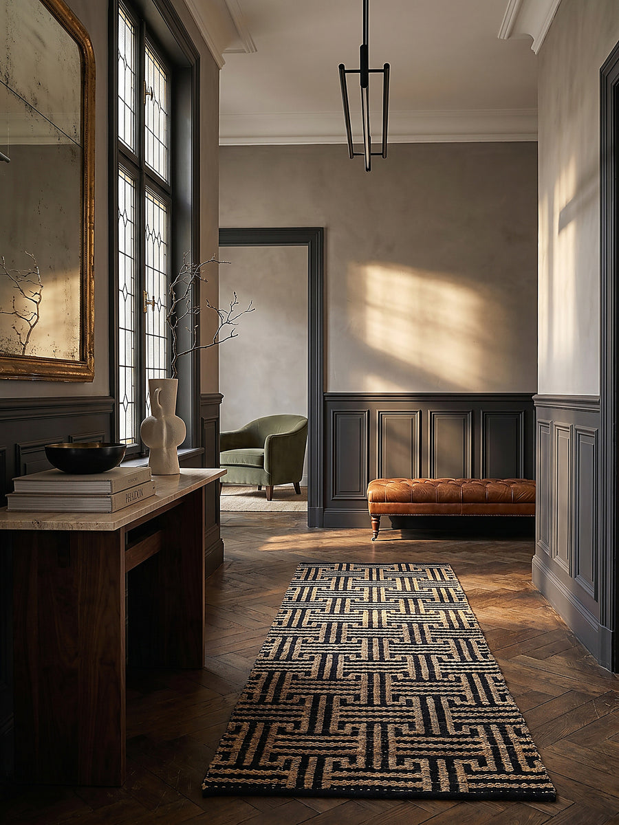 Teppich Natur-Schwarz Läufer im modernen Wohnzimmer Einrichtungsidee_