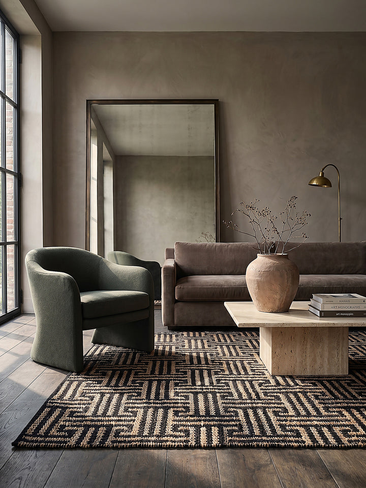 Teppich Natur-Schwarz rechteckig im modernen Wohnzimmer Einrichtungsidee_