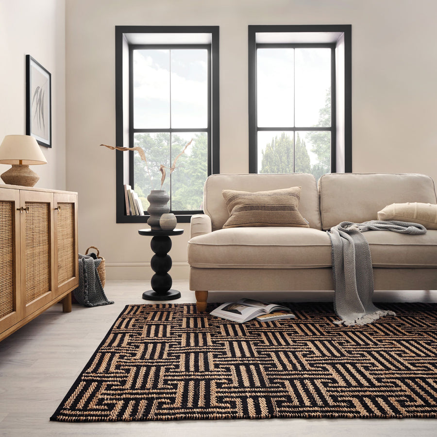 Teppich Flachgewebe Geometrisch - verflochtenes Linien - Flur_Natur-Schwarz_Rechteckig_