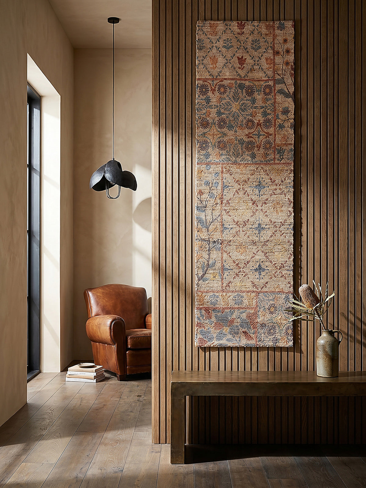 Teppich Natur-Blau Läufer als Wandteppich Wanddekoration Textilkunst Interior Design_