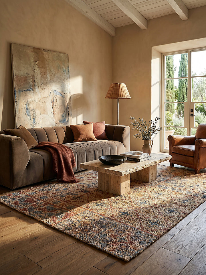Teppich Natur-Blau rechteckig im modernen Wohnzimmer Einrichtungsidee_