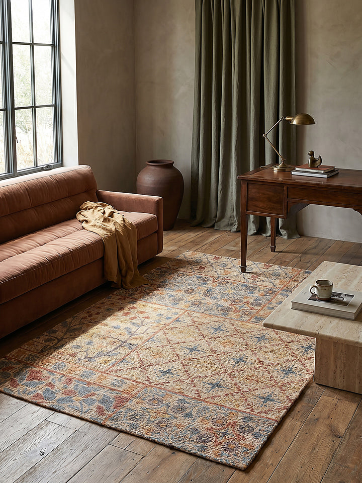 Teppich Natur-Blau rechteckig im Wohnzimmer mit Couchtisch und Wohnaccessoires Wohnidee skandinavisch modern_