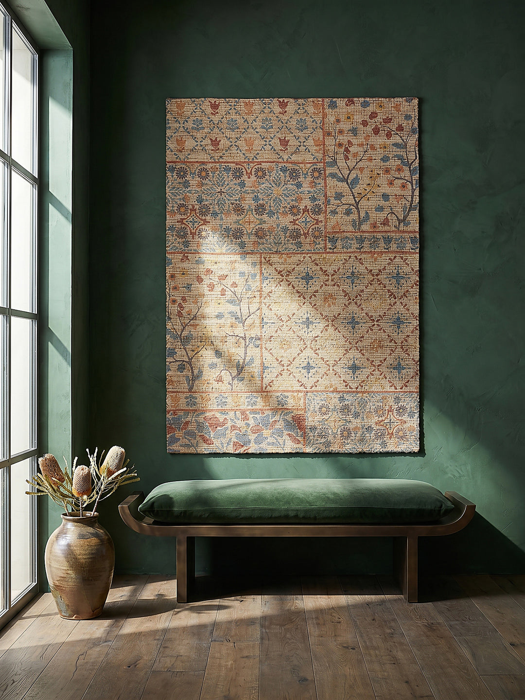 Teppich Natur-Blau rechteckig als Wandteppich Wanddekoration Textilkunst Interior Design_