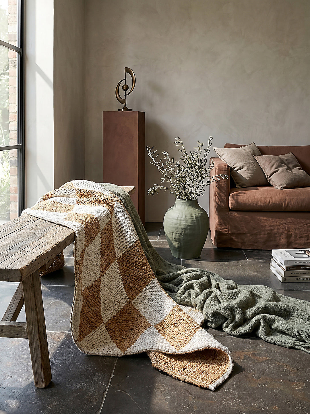 Teppich Beige rechteckig Editorial Interior als Designobjekt drapiert hochwertige Wohnaccessoires_