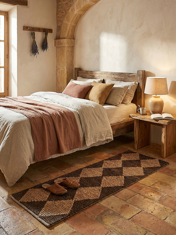 Teppich Braun Läufer im Wohnzimmer mit Couchtisch und Wohnaccessoires Wohnidee skandinavisch modern_