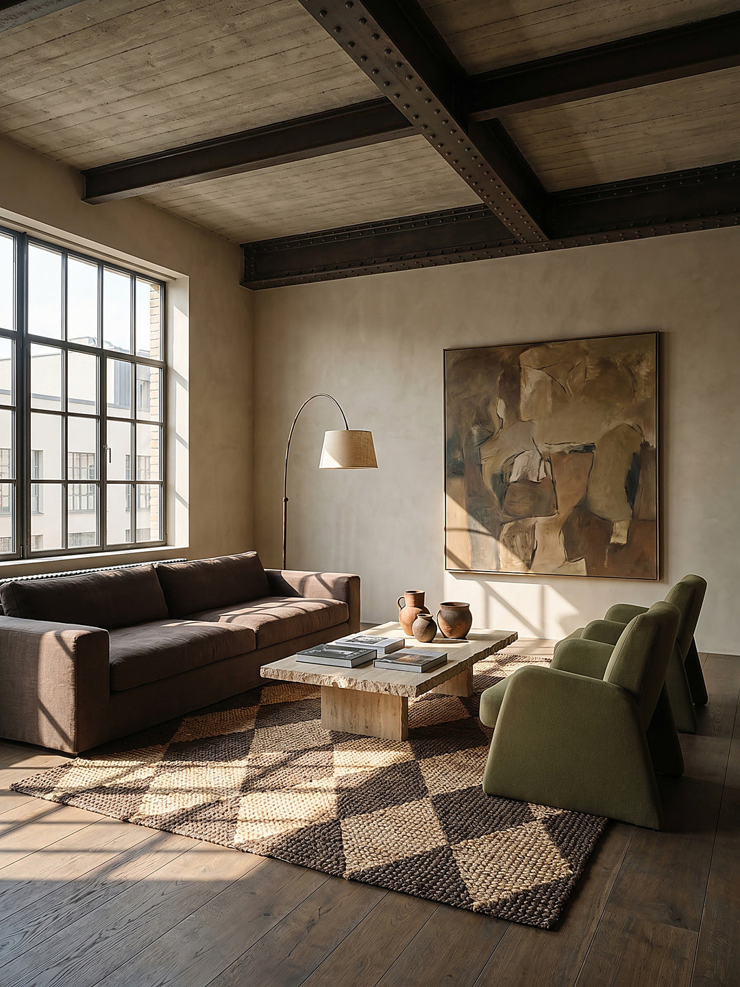 Teppich Braun rechteckig im modernen Wohnzimmer vor warm white plaster Einrichtungsidee_