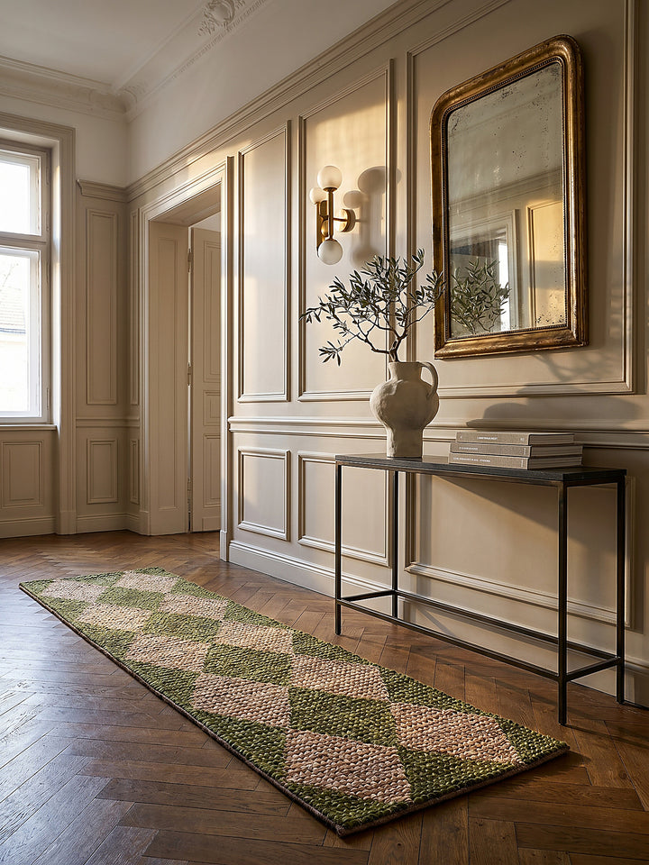 Teppich Olivegrün Läufer im modernen Wohnzimmer Einrichtungsidee_