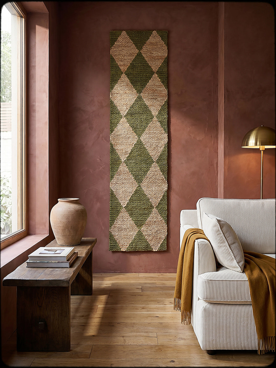 Teppich Olivegrün Läufer als Wandteppich Wanddekoration Textilkunst Interior Design_