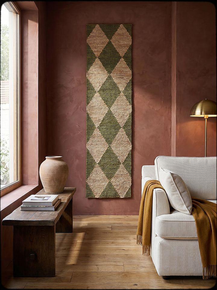 Teppich Olivegrün Läufer als Wandteppich Wanddekoration Textilkunst Interior Design_