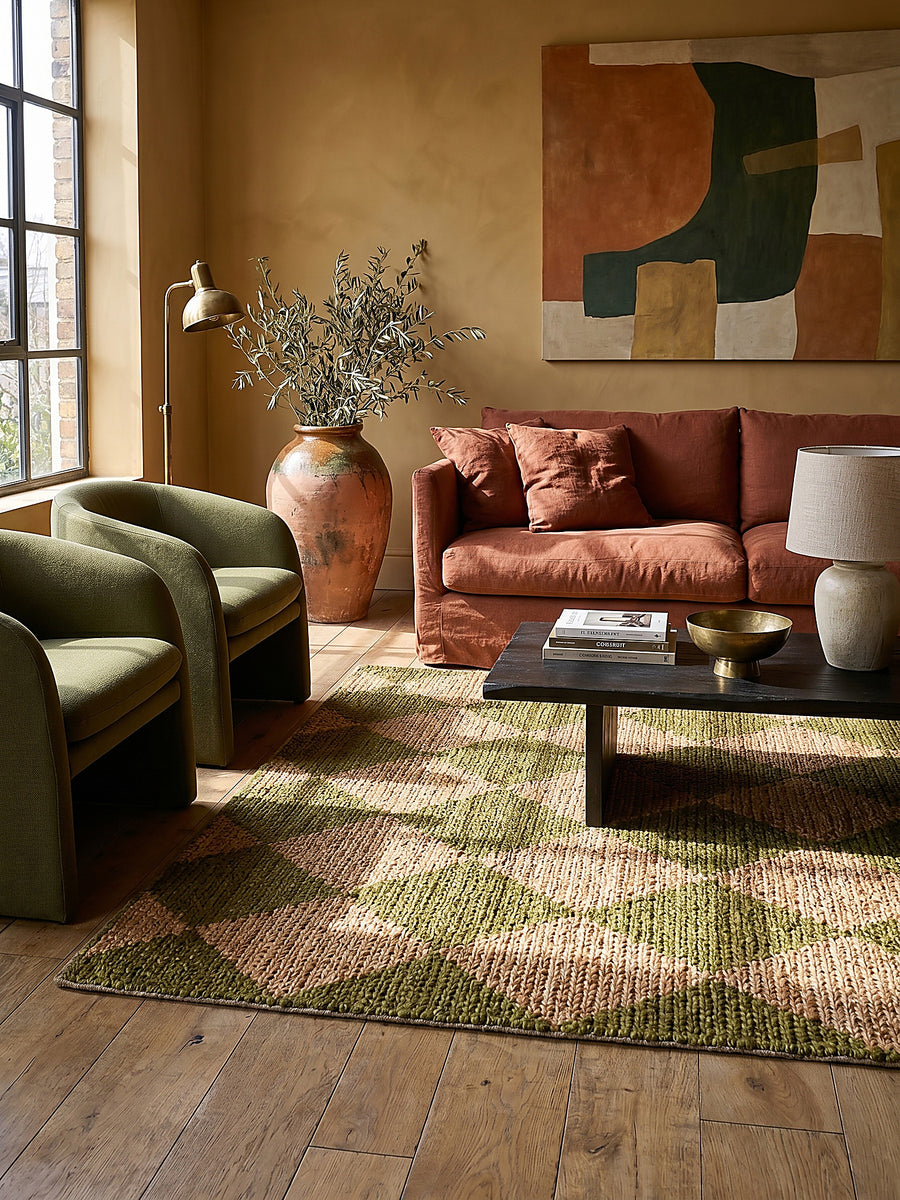 Teppich Olivegrün rechteckig Musteransicht von oben Designkollektion_
