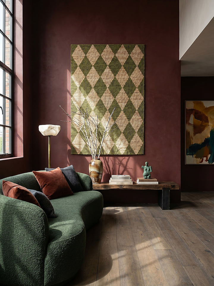Teppich Olivegrün rechteckig als Wandteppich Wanddekoration Textilkunst Interior Design_
