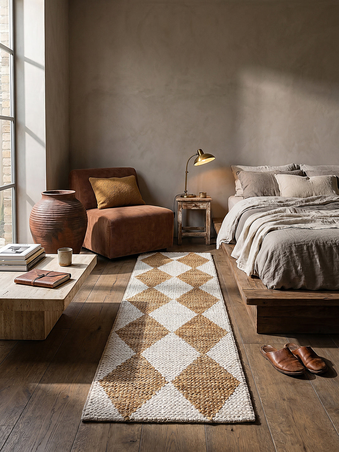Teppich Beige Läufer im Wohnzimmer mit Couchtisch und Wohnaccessoires Wohnidee skandinavisch modern_