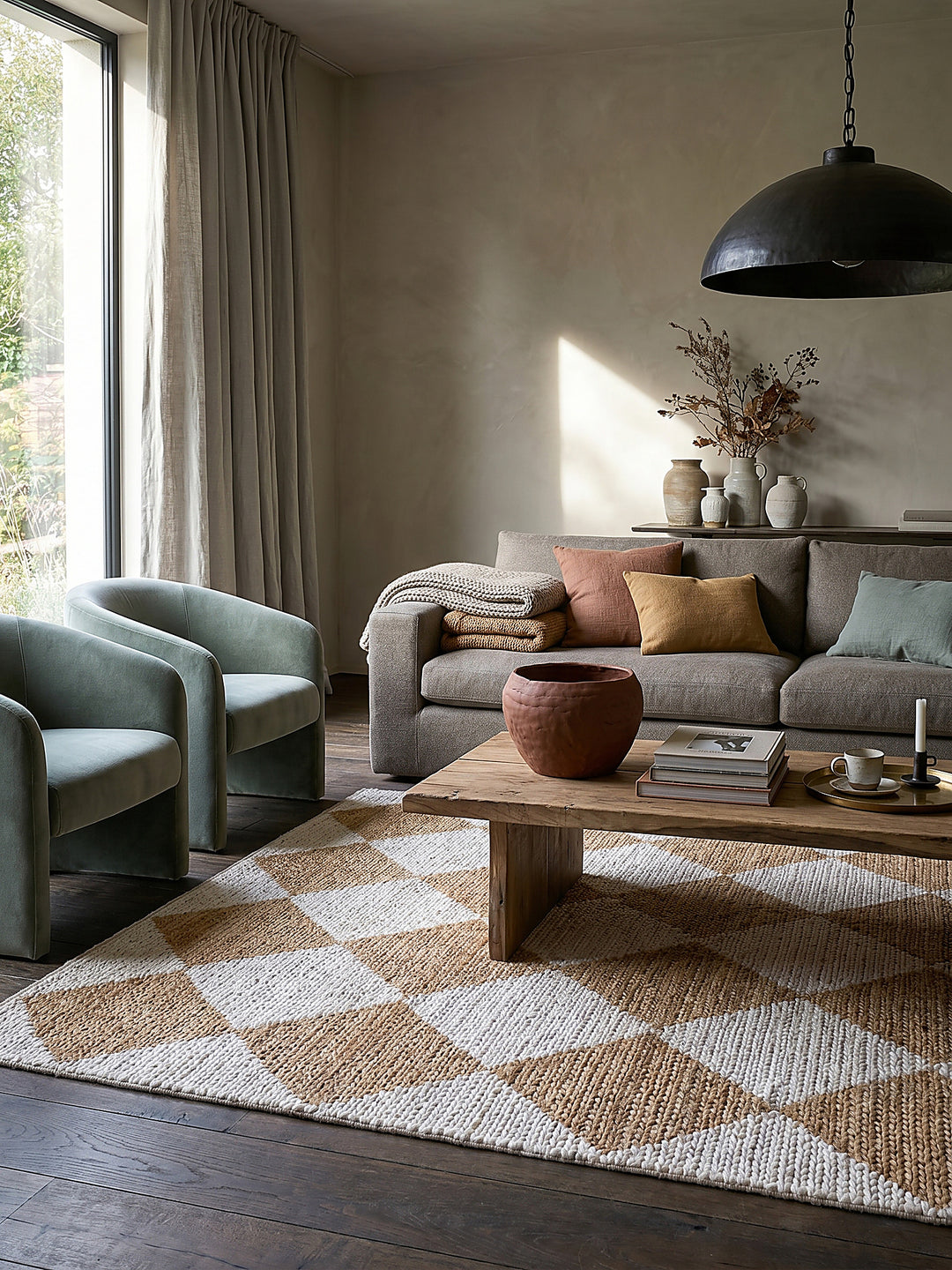 Teppich Beige rechteckig im modernen Wohnzimmer vor sun-baked warm plaster 