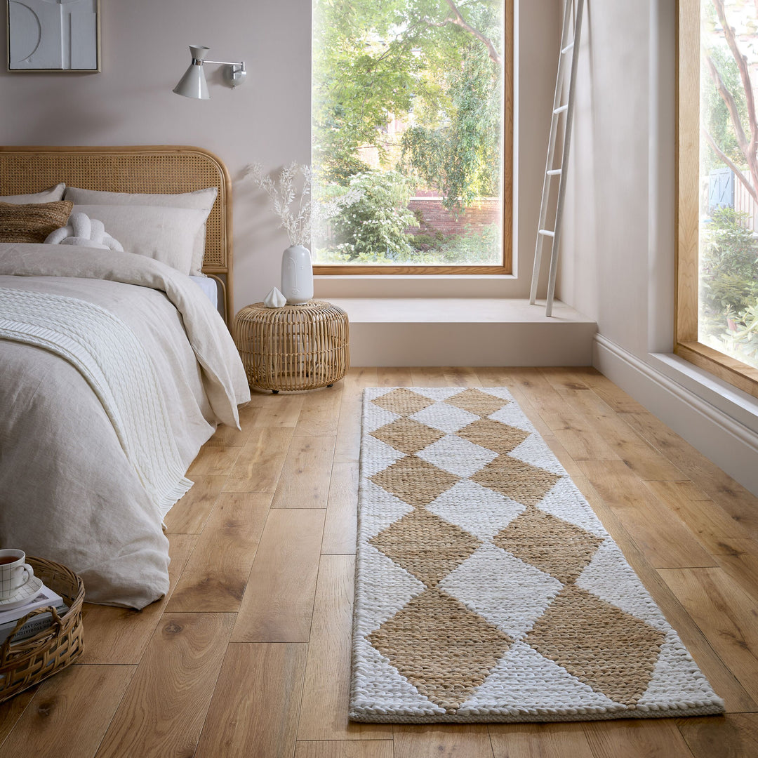 Teppich Jute Flachgewebe Rauten Muster - Wohnzimmer_Beige_Läufer_
