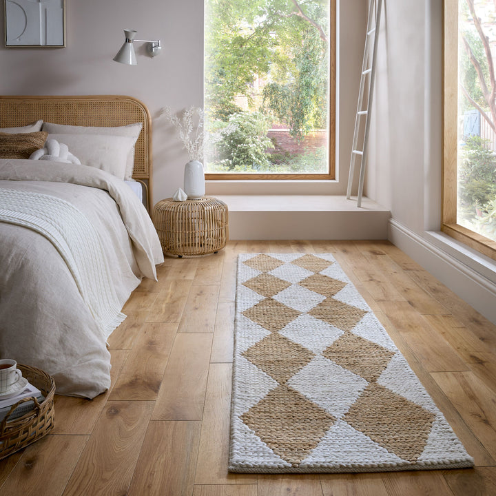 Teppich Jute Flachgewebe Rauten Muster - Wohnzimmer_Beige_Läufer_