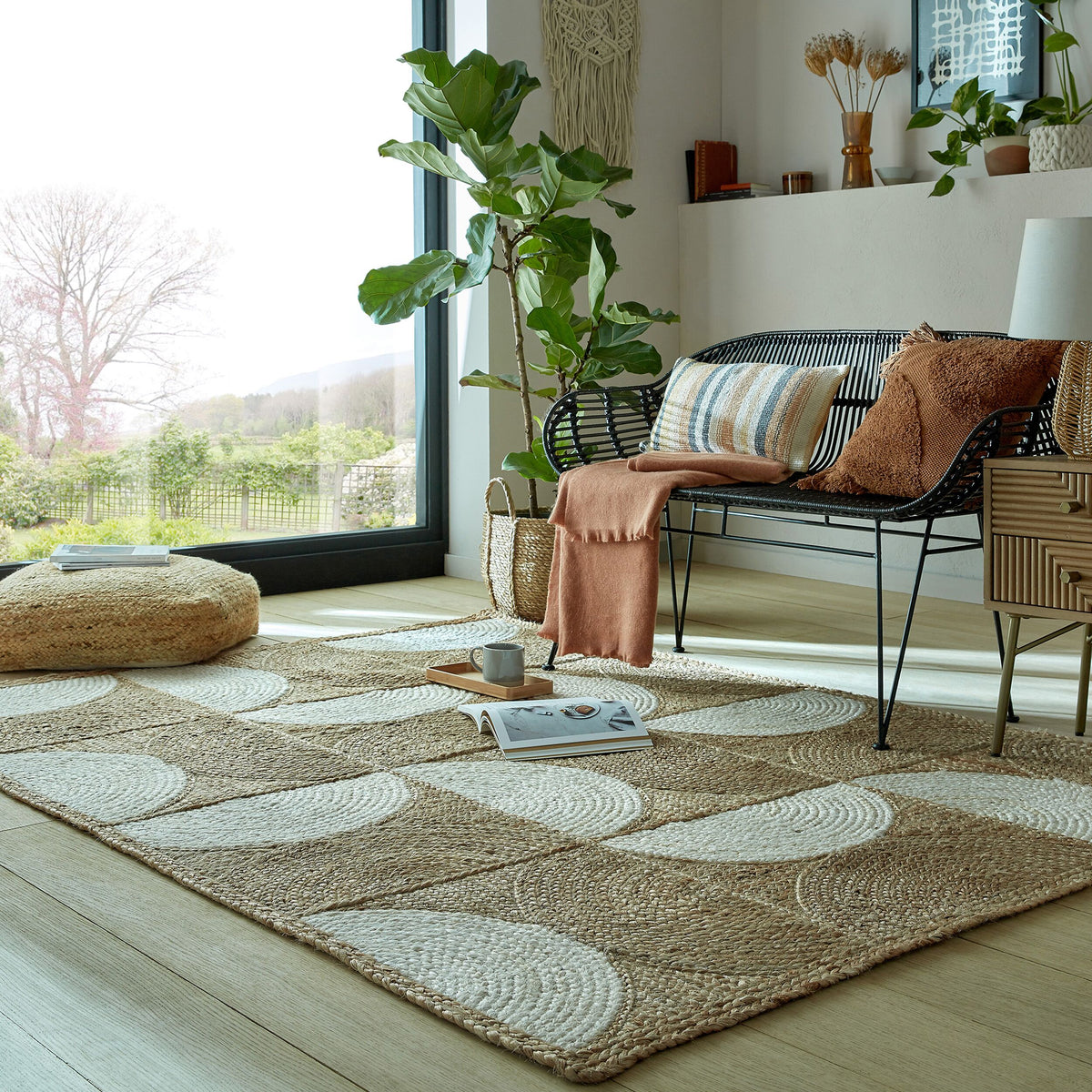 Jute Teppich Halbkreis Muster - Geometrisch - Wohnzimmer Natur Rechteckig