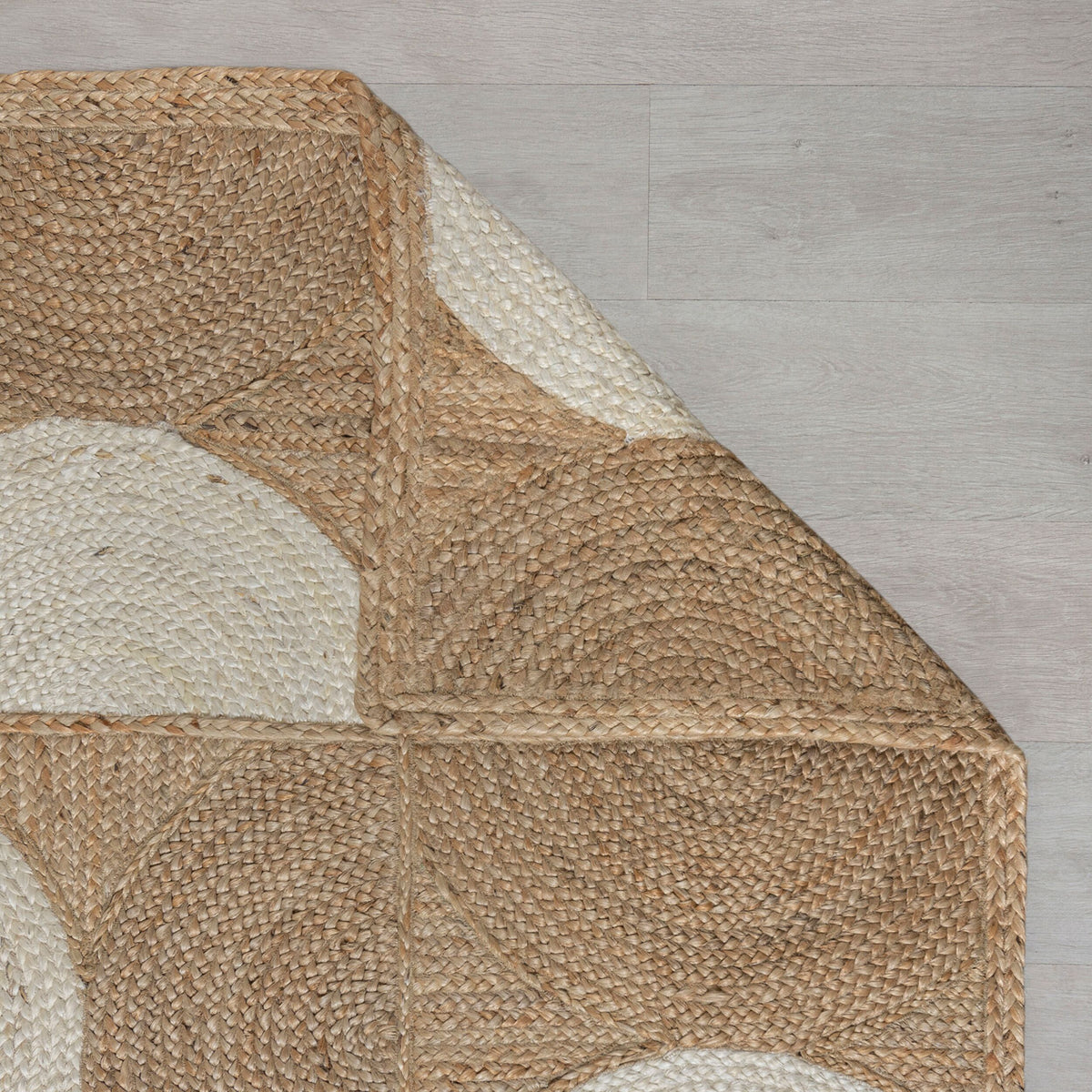 Teppich Jute Halbkreis-Muster Natur-Creme Ecke Draufsicht handgewebt Rechteckig