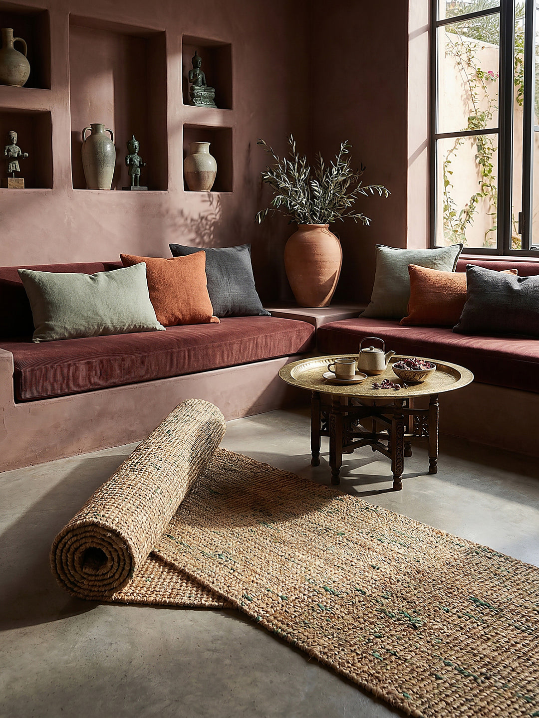 Teppich Natur-Grün Läufer Editorial Interior als Designobjekt drapiert hochwertige Wohnaccessoires_