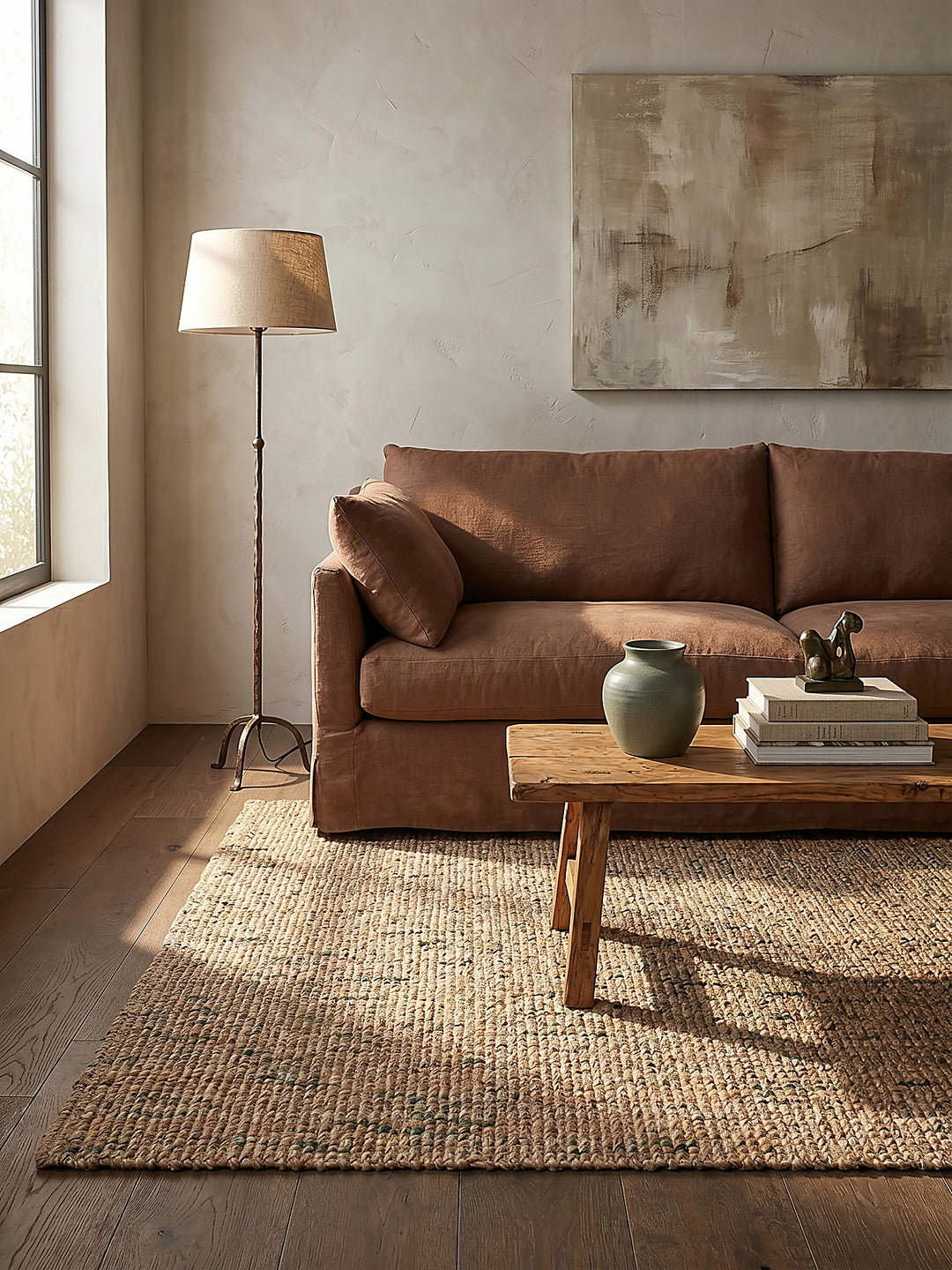 Teppich Natur-Grün rechteckig im Wohnzimmer mit Couchtisch und Wohnaccessoires Wohnidee skandinavisch modern_