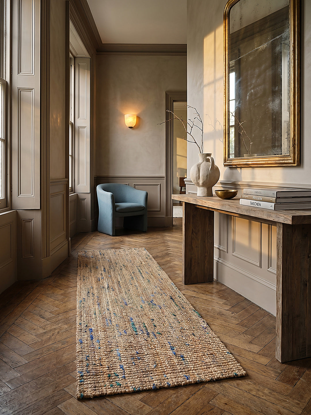 Teppich Natur-Blau Läufer im modernen Wohnzimmer Einrichtungsidee_