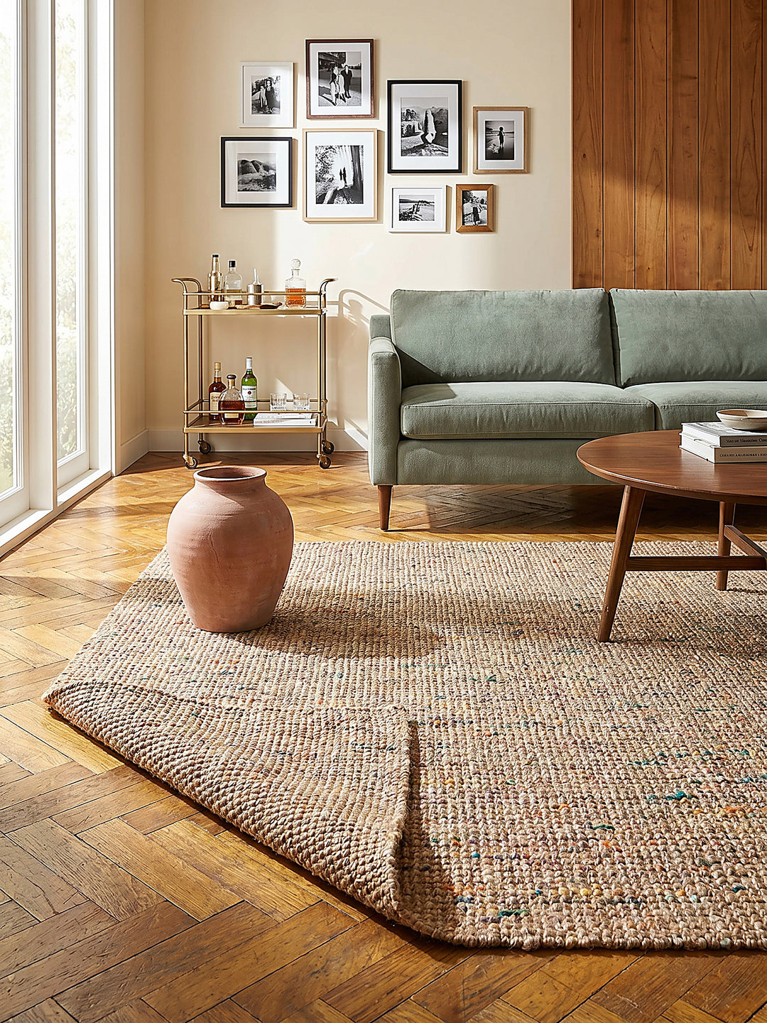 Teppich Natur-Multicolor rechteckig Editorial Interior als Designobjekt drapiert hochwertige Wohnaccessoires_