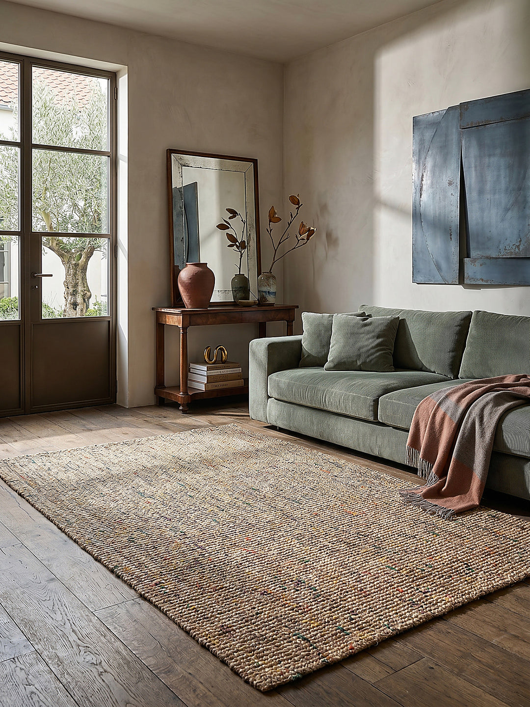 Teppich Natur-Multicolor rechteckig im Wohnzimmer mit Couchtisch und Wohnaccessoires Wohnidee skandinavisch modern_