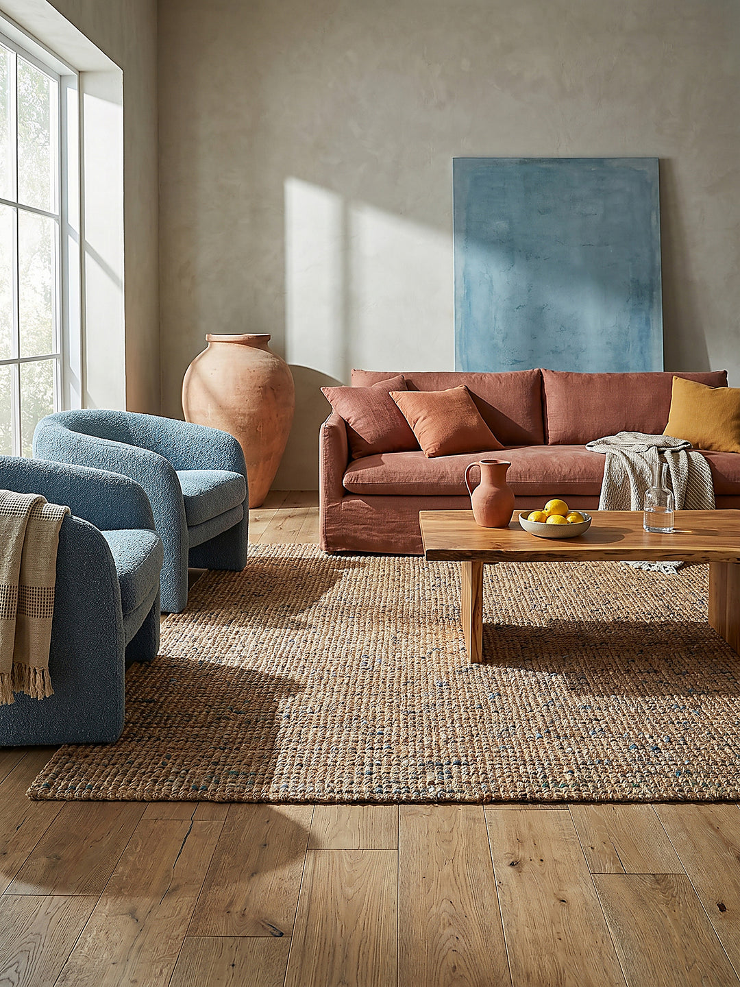 Teppich Natur-Blau rechteckig im modernen Wohnzimmer Einrichtungsidee_