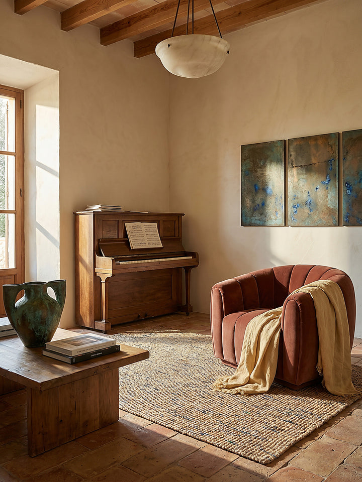 Teppich Natur-Blau rechteckig im Wohnzimmer mit Couchtisch und Wohnaccessoires Wohnidee skandinavisch modern_